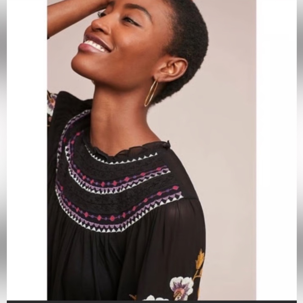 Akemi + Kin Louise Black Floral Embroidery Sheer Long Sleeve Boho Peasant Top - Picture 4 of 16